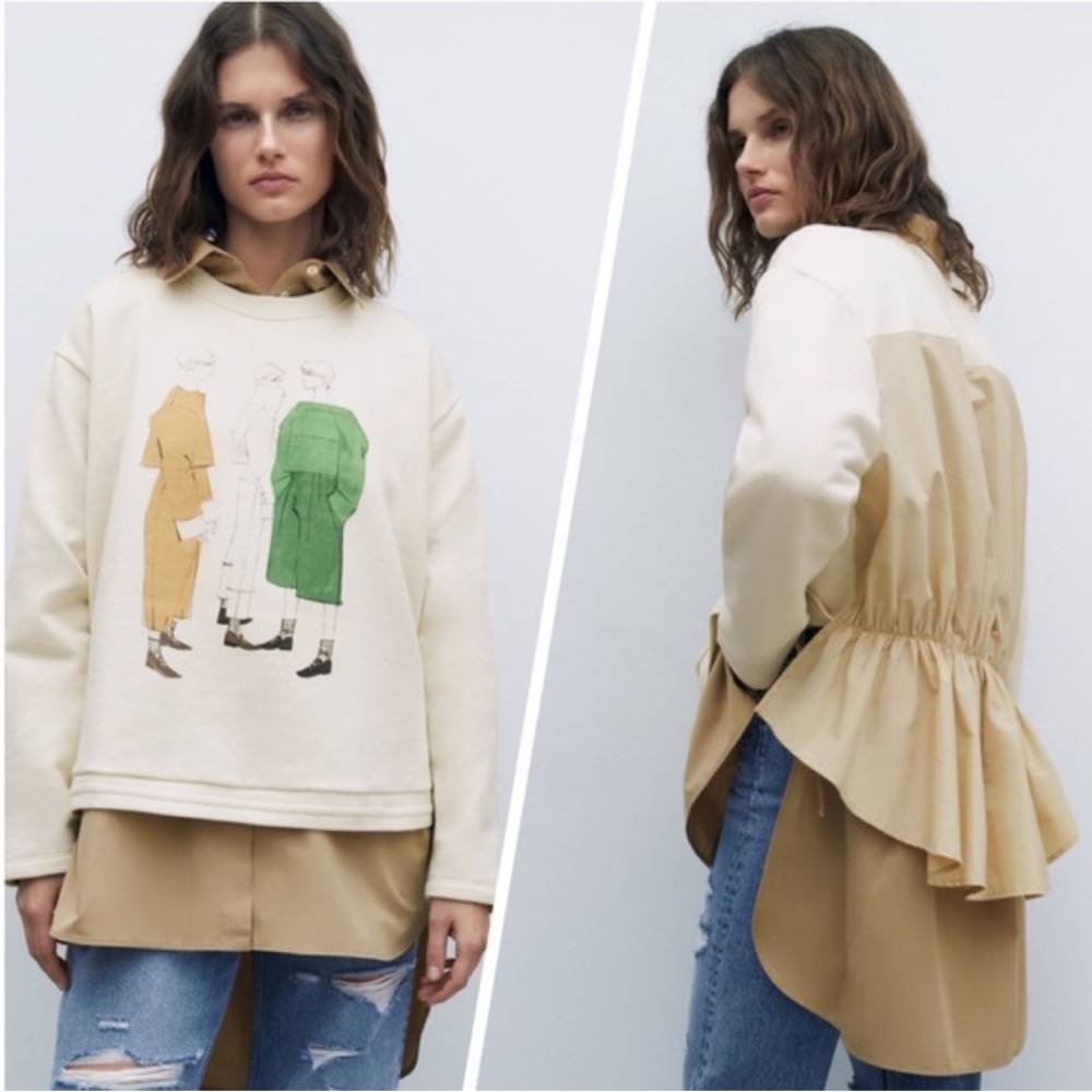 ZARA Contrast Mixed Media Womens Sweatshirt Shirt Size S
